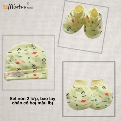 Set mũ 2 lớp - bao tay  chân  bo  màu in  bông  cho  bé  MINTUU