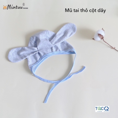Mũ sơ sinh tai thỏ cột dây sọc màu, thương hiệu MINTUU