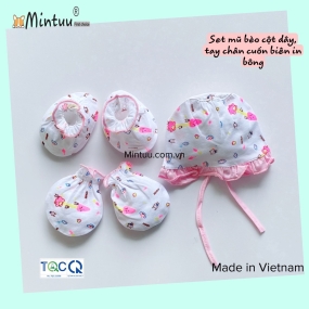 Set  nón cột bèo bé gái - bao  tay  chân  MINTUU  vải  100%