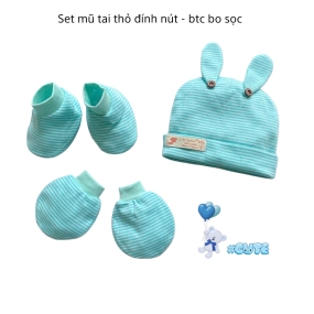 Set  mũ tai thỏ - bao tay  chân  bo  sọc màu cho bé MINTUU