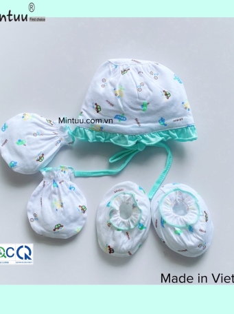 Set  nón cột bèo bé gái - bao  tay  chân  MINTUU  vải  100%