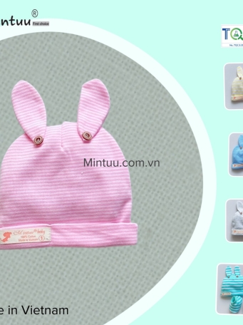 Mũ tai thỏ sọc màu đính nút cho bé MINTUU