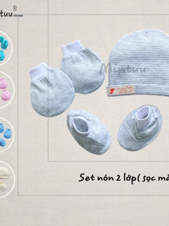 Set  mũ 2 lớp  - bao tay  chân  bo  sọc  màu cho bé MINTUU