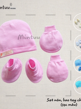 Set  mũ 2 lớp  - bao tay  chân  bo  sọc  màu cho bé MINTUU