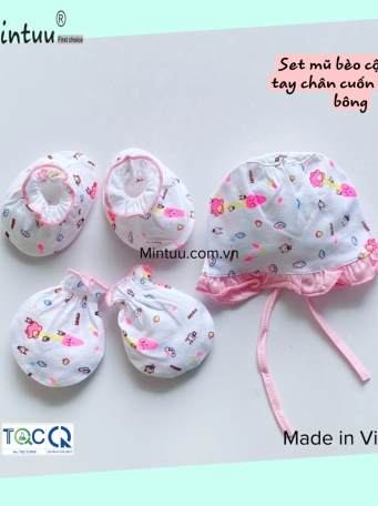 Set  nón cột bèo bé gái - bao  tay  chân  MINTUU  vải  100%