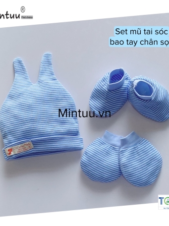 Set  mũ tai sóc - bao tay chân sọc màu  cho bé sơ sinh MINTUU