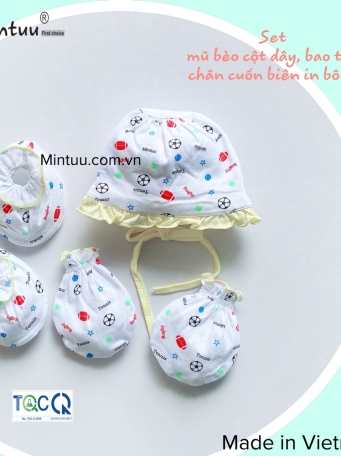 Set  nón cột bèo bé gái - bao  tay  chân  MINTUU  vải  100%