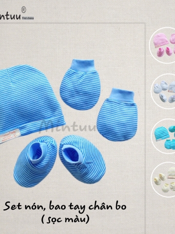 Set  mũ 2 lớp  - bao tay  chân  bo  sọc  màu cho bé MINTUU