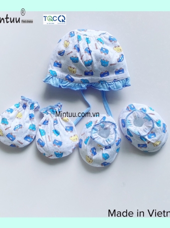 Set  nón cột bèo bé gái - bao  tay  chân  MINTUU  vải  100%