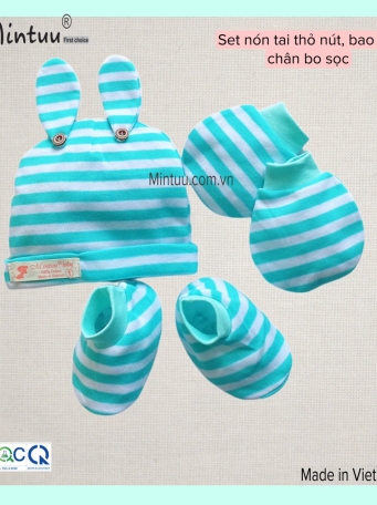 Set  mũ tai thỏ - bao tay  chân  bo  sọc màu cho bé MINTUU