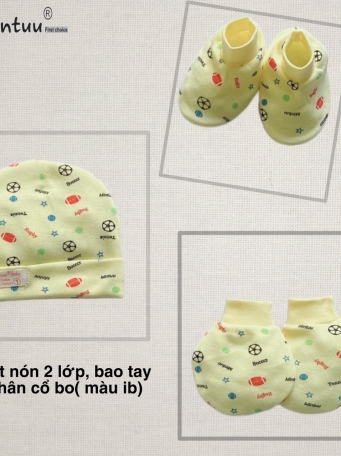 Set mũ 2 lớp - bao tay  chân  bo  màu in  bông  cho  bé  MINTUU