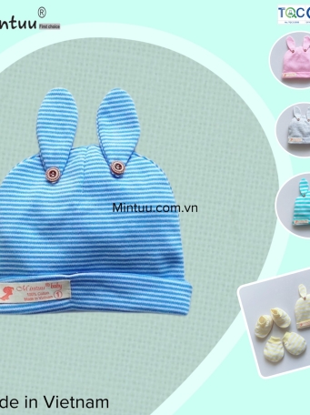 Mũ tai thỏ sọc màu đính nút cho bé MINTUU