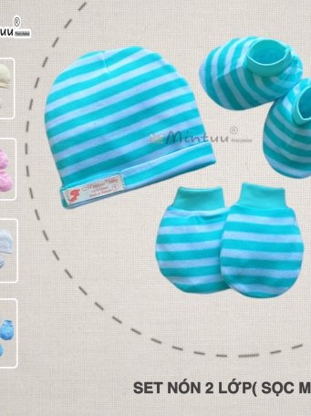 Set  mũ 2 lớp  - bao tay  chân  bo  sọc  màu cho bé MINTUU