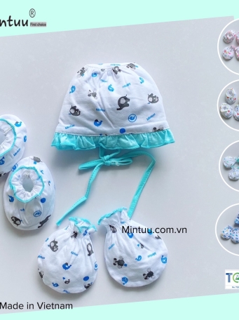 Set  nón cột bèo bé gái - bao  tay  chân  MINTUU  vải  100%