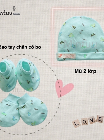 Set mũ 2 lớp - bao tay  chân  bo  màu in  bông  cho  bé  MINTUU