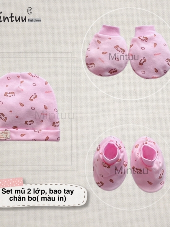 Set mũ 2 lớp - bao tay  chân  bo  màu in  bông  cho  bé  MINTUU