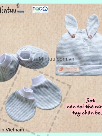Set  mũ tai thỏ - bao tay  chân  bo  sọc màu cho bé MINTUU