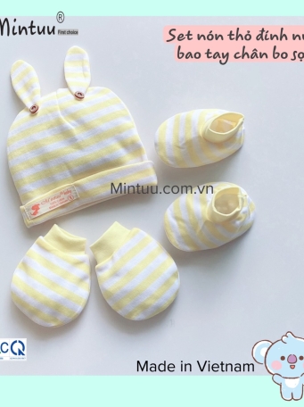 Set  mũ tai thỏ - bao tay  chân  bo  sọc màu cho bé MINTUU