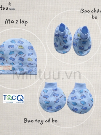 Set mũ 2 lớp - bao tay  chân  bo  màu in  bông  cho  bé  MINTUU