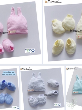 Set  mũ tai sóc - bao tay chân sọc màu  cho bé sơ sinh MINTUU