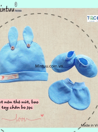 Set  mũ tai thỏ - bao tay  chân  bo  sọc màu cho bé MINTUU