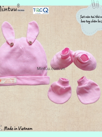 Set  mũ tai thỏ - bao tay  chân  bo  sọc màu cho bé MINTUU