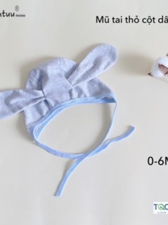 Mũ sơ sinh tai thỏ cột dây sọc màu, thương hiệu MINTUU