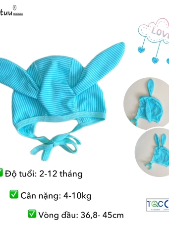 Mũ sơ sinh tai thỏ cột dây sọc màu, thương hiệu MINTUU