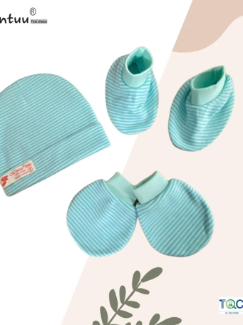 Set  mũ 2 lớp  - bao tay  chân  bo  sọc  màu cho bé MINTUU